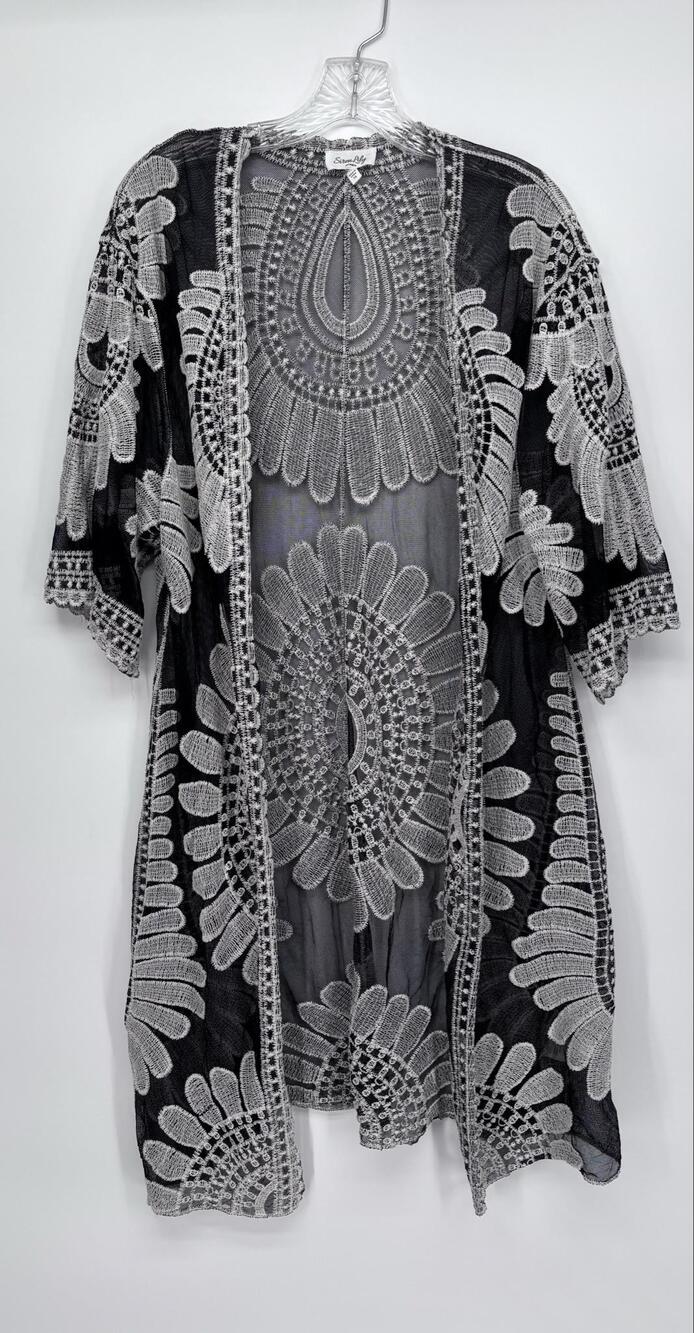 Black Sheer Kimono White Embroidery Boho Duster Open Front Festival Cover Up 1X